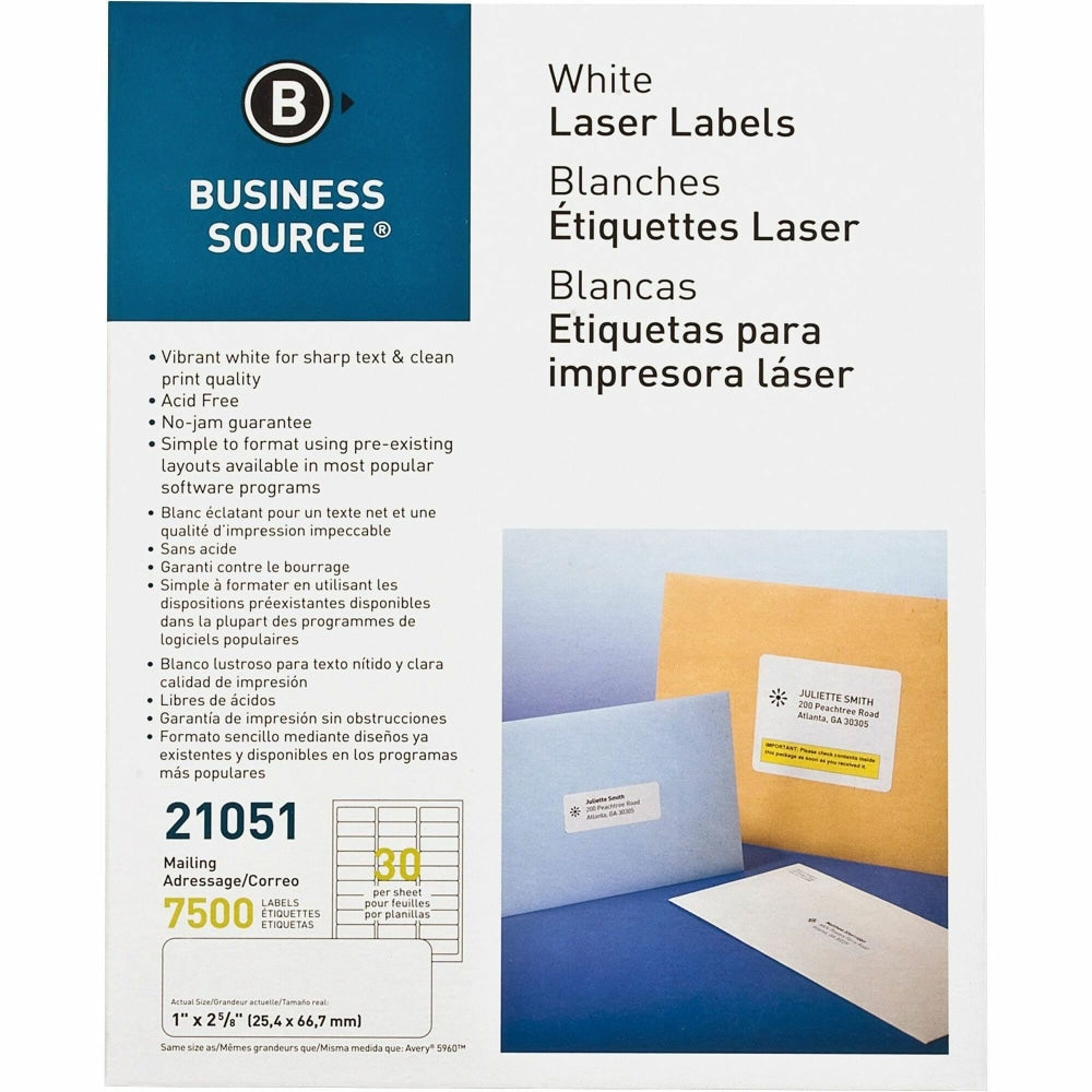 Business Source Bright White Premium-quality Address Labels - 1in Width x 2 5/8in Length - Permanent Adhesive - Rectangle - Laser, Inkjet - White - 30 / Sheet - 250 Total Sheets - 7500 / Pack - Jam-free