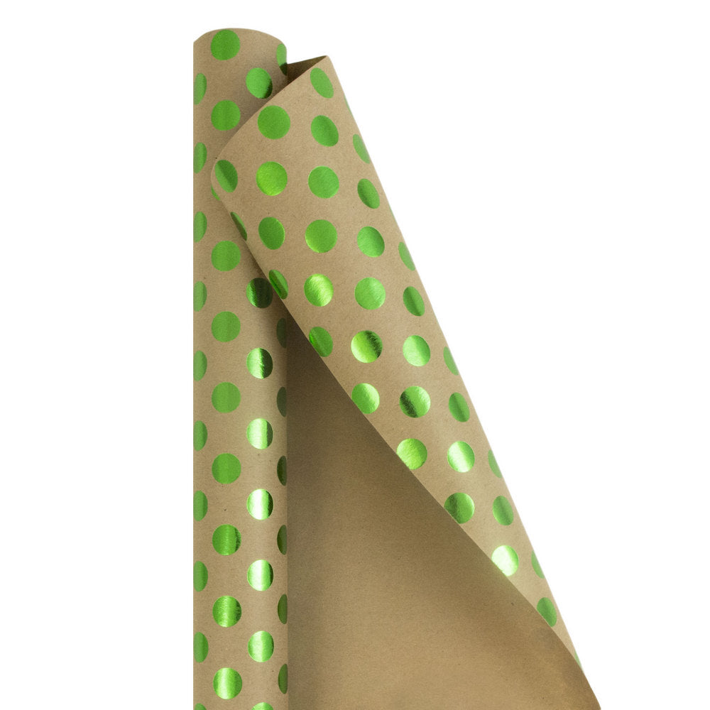 JAM Paper Wrapping Paper, Polka Dots, 25 Sq Ft, Kraft Brown & Green