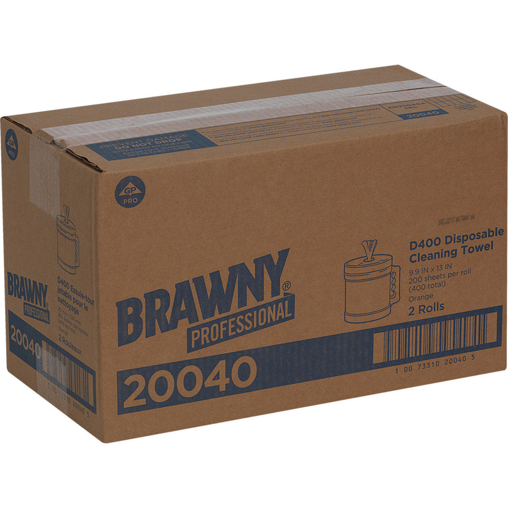 Brawny Professional D400 Disposable Cleaning Towels With Bucket - 9.90in x 13in - 200 Sheets/Roll - Orange - 2 / Carton