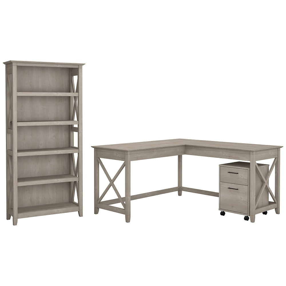 Bush Business Furniture Key West 60inW L-Shaped Corner Desk With Mobile File Cabinet And 5 Shelf Bookcase, Washed Gray, Standard Delivery