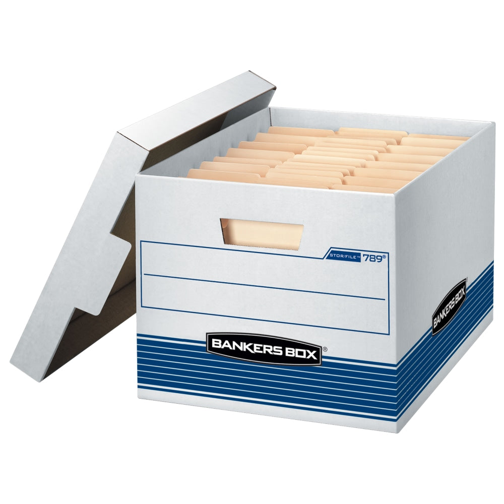 Bankers Box Stor/File Medium-Duty Storage Boxes With Locking Lift-Off Lids And Built-In Handles, Letter/Legal Size, 15in x 12in x 10in, 60% Recycled, White/Blue, Case Of 12