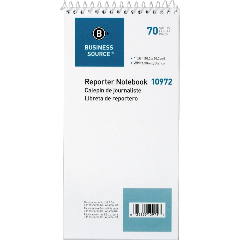 Business Source Coat Pocket Reporters Notebook, 4in x 8in, Gregg Ruled, 70 Sheets, White, Pack Of 12