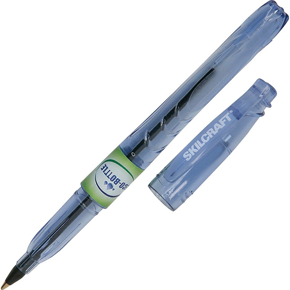 SKILCRAFT Ballpoint Stick Pens, Pack Of 12, Medium Point, Transparent Blue Barrel, Black Ink