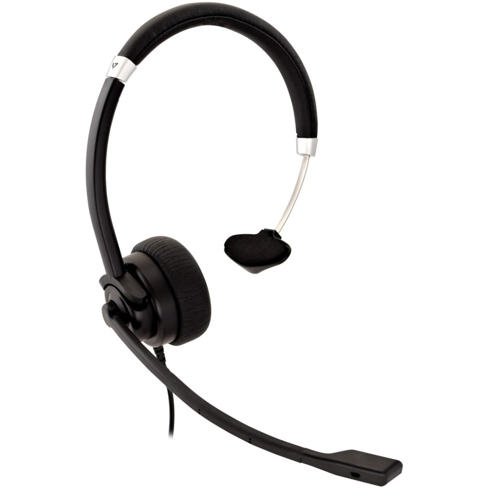 V7 Deluxe Mono Headset - Mono - Mini-phone (3.5mm) - Wired - 31.50 Hz - 20 kHz - Over-the-head - Monaural - Supra-aural - 5.91 ft Cable - Echo Cancelling, Noise Cancelling, Omni-directional Microphone - Black, Silver