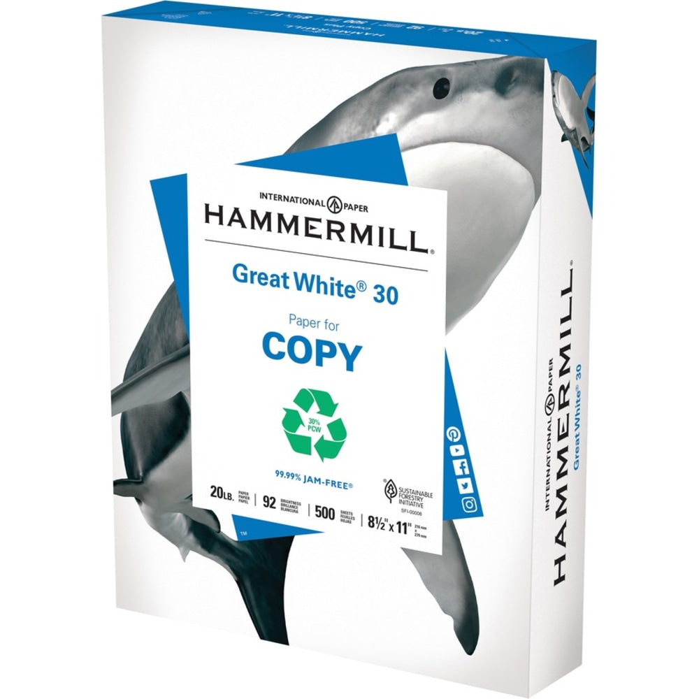 Hammermill Great White 30 Copy Paper, White, Letter (8.5in x 11in), 2500 Sheets Per Case, 20 Lb, 92 Brightness, Case Of 5 Reams