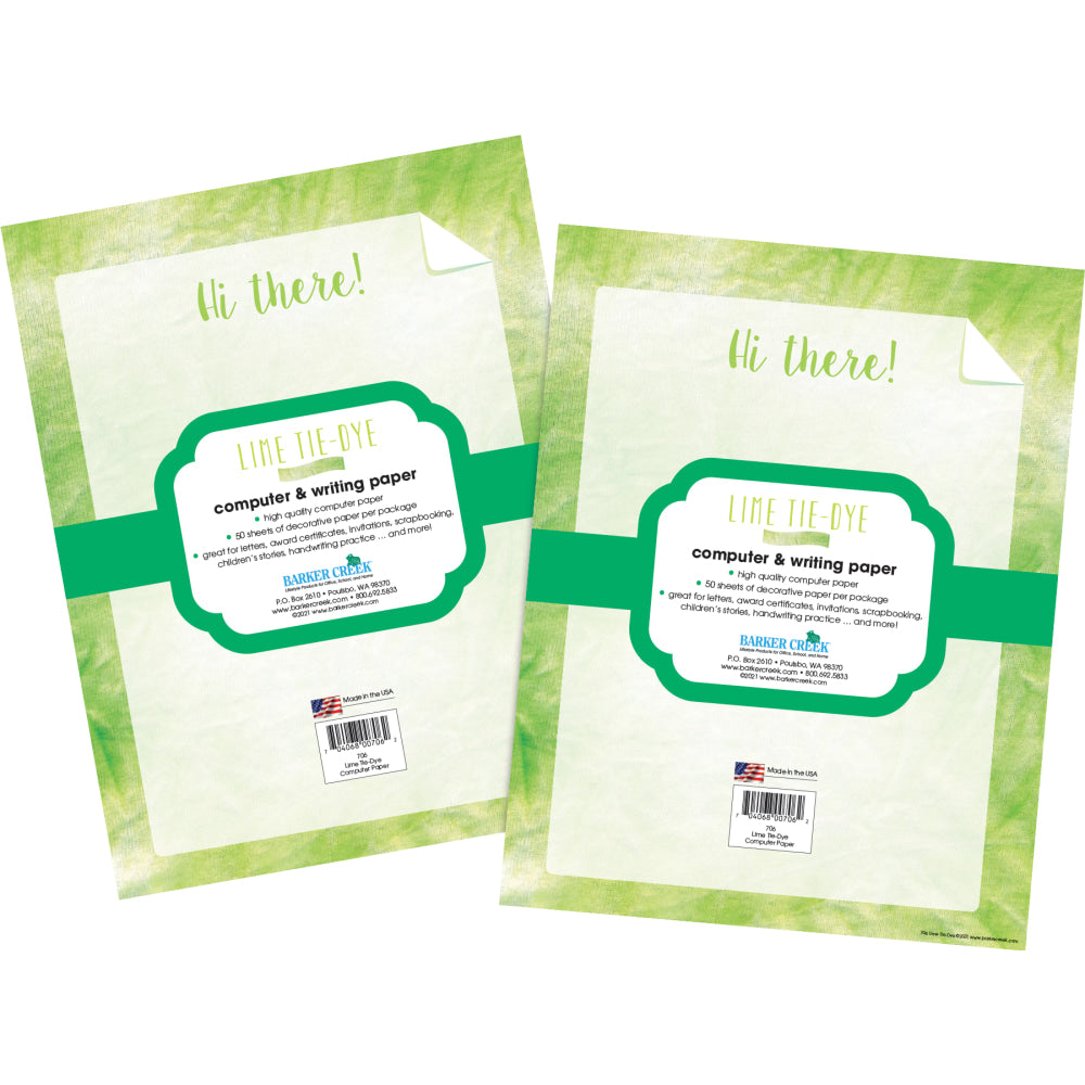 Barker Creek Designer Computer Paper, 8-1/2in x 11in, Lime Tie-Dye, 50 Sheets Per Pack, Set Of 2 Packs