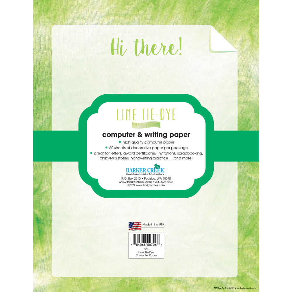 Barker Creek Designer Computer Paper, 8-1/2in x 11in, Lime Tie-Dye, Pack Of 50 Sheets