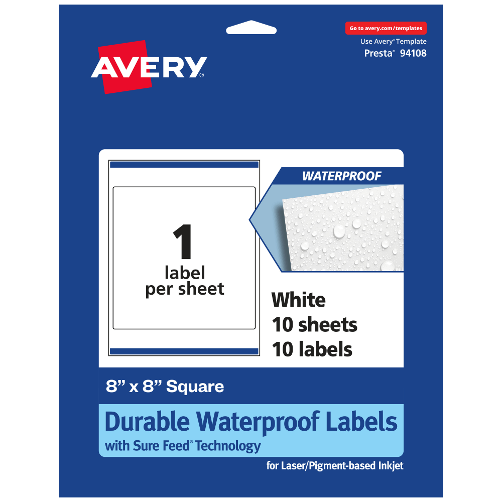 Avery Waterproof Permanent Labels With Sure Feed, 94108-WMF10, Square, 8in x 8in, White, Pack Of 10