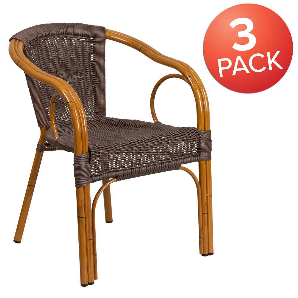 Flash Furniture Lila Rattan Restaurant Patio Chairs With 6-Tier Stacking Capacity, Dark Brown Rattan/Red Bamboo, Set Of 3 Chairs