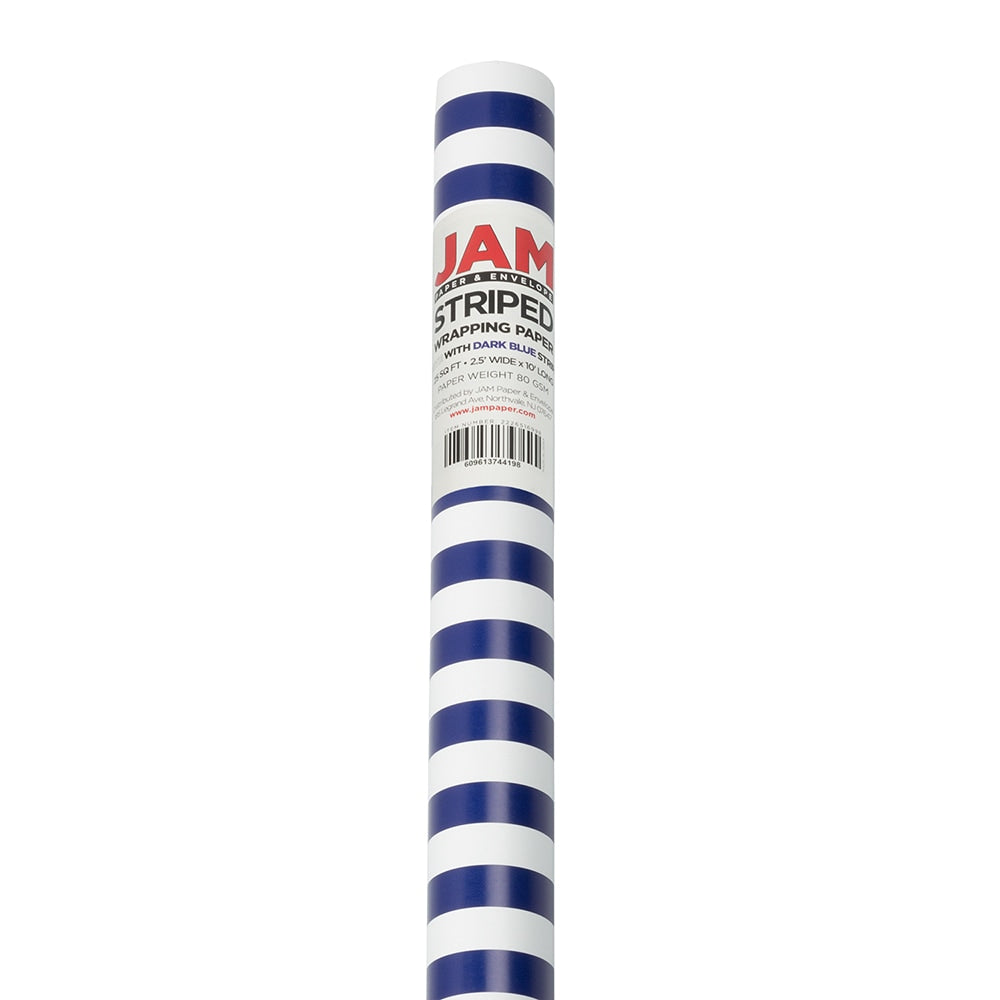 JAM Paper Wrapping Paper, Striped, 25 Sq Ft, Blue & White