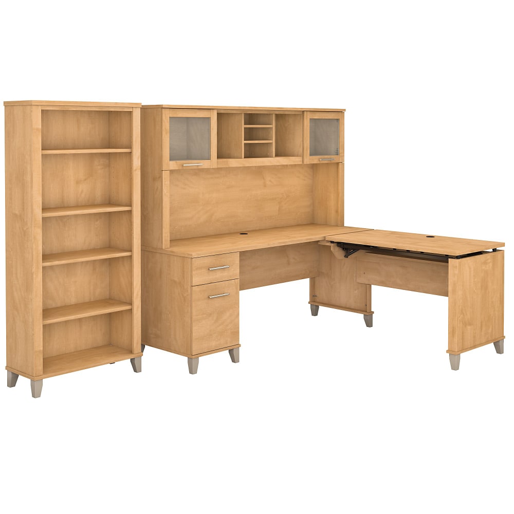 Bush Furniture Somerset 72inW 3 Position Sit to Stand L Shaped Desk With Hutch And Bookcase, Maple Cross, Standard Delivery