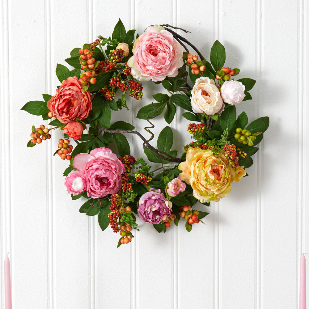 Nearly Natural Mixed Peony & Berry 20inH Plastic Wreath, 20inH x 20inW x 2inD, Multicolor