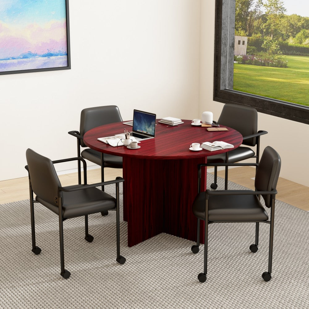 Boss Office Products Round Table And 4 Stackable Guest Chairs Set, 47in Diameter, Mahogany/Black