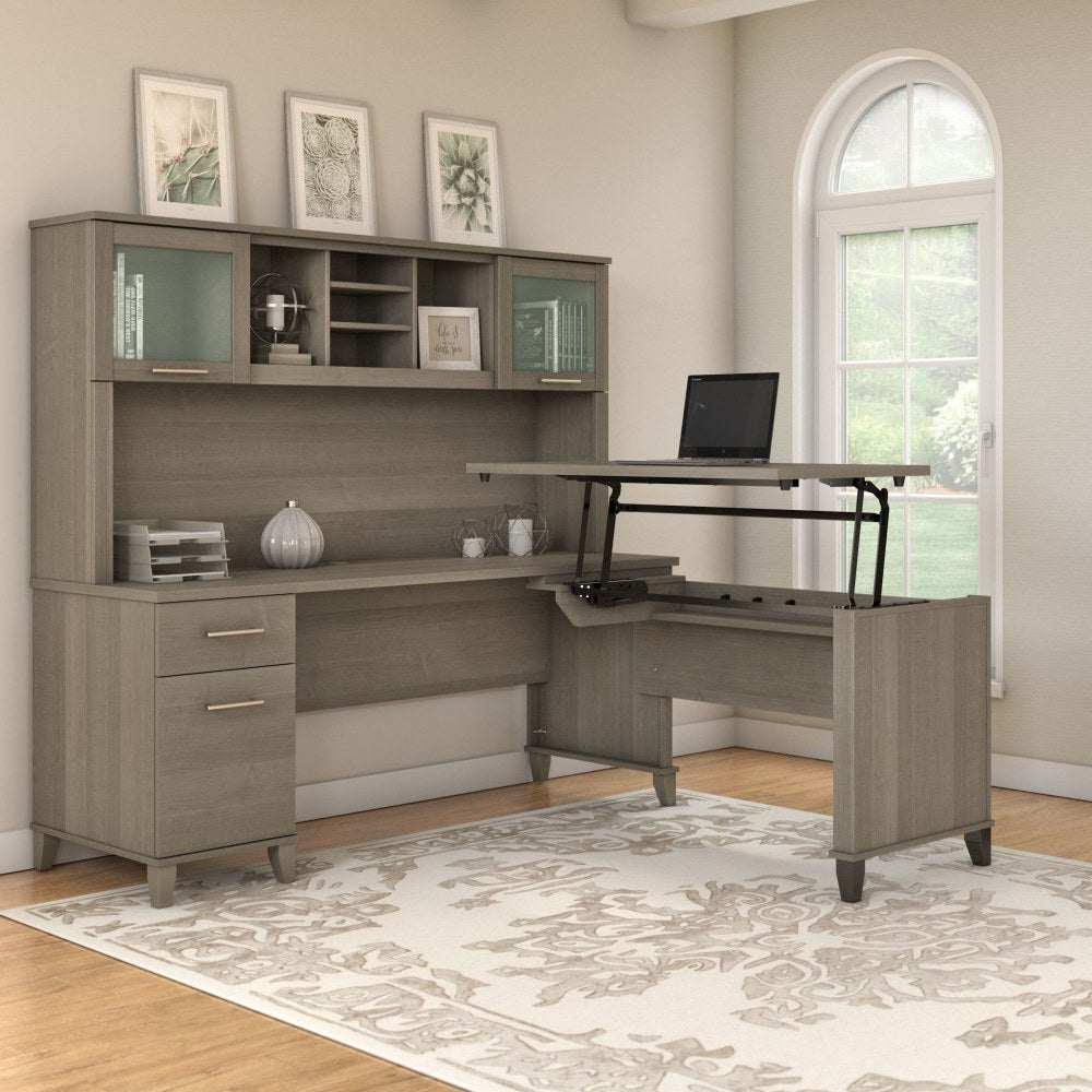 Bush Furniture Somerset 3 Position Sit to Stand L Shaped Desk With Hutch, 72inW, Ash Gray, Standard Delivery