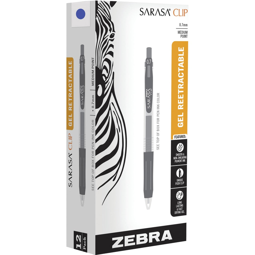 Zebra Pen Sarasa Clip Gel Ink Retractable Pens, 0.7 mm, Medium Point, Clear/Blue Barrel, Blue Ink, Set Of 12 Pens