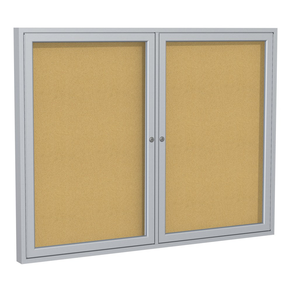 Ghent 2-Door Enclosed Cork Bulletin Board, 48in x 60in, Natural, Satin Aluminum Frame