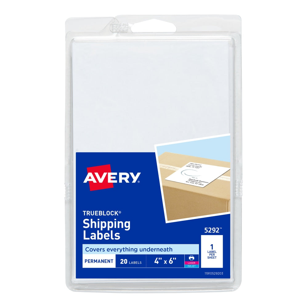 Avery Permanent Shipping Labels with TrueBlock Technology, 5292, 4in x 6in, White Pack Of 20