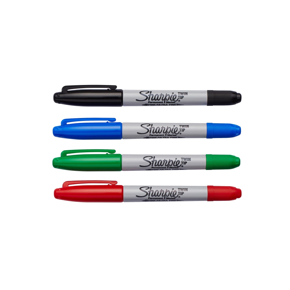 Sharpie Twin-Tip Permanent Markers, Assorted Basic Colors, Pack Of 4