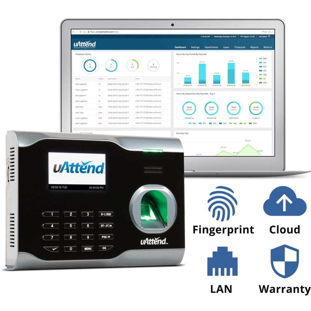 uAttend Biometric Fingerprint Cloud-Based Time Clock, BN6000OC, 5in x 7in x 2in, Black