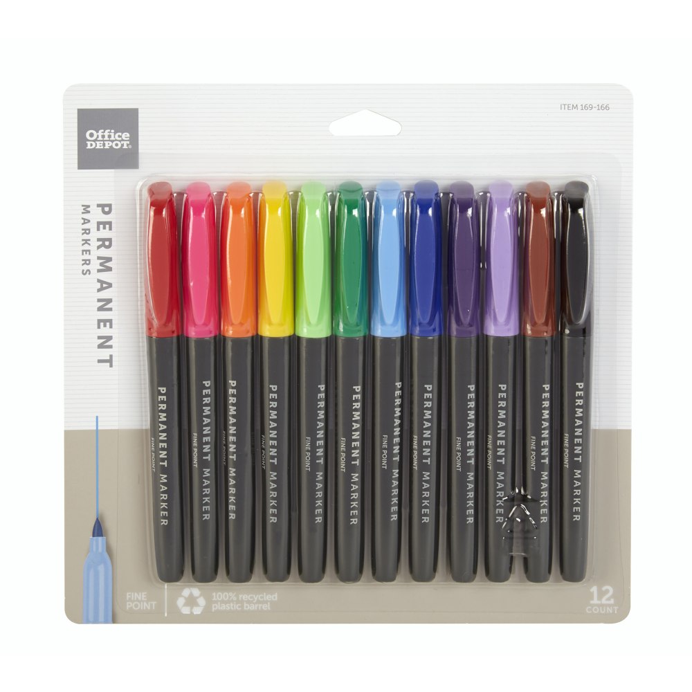 Office Depot Brand Permanent Markers, Fine Point, 100% Recycled Plastic Barrel, Assorted Colors, Pack Of 12