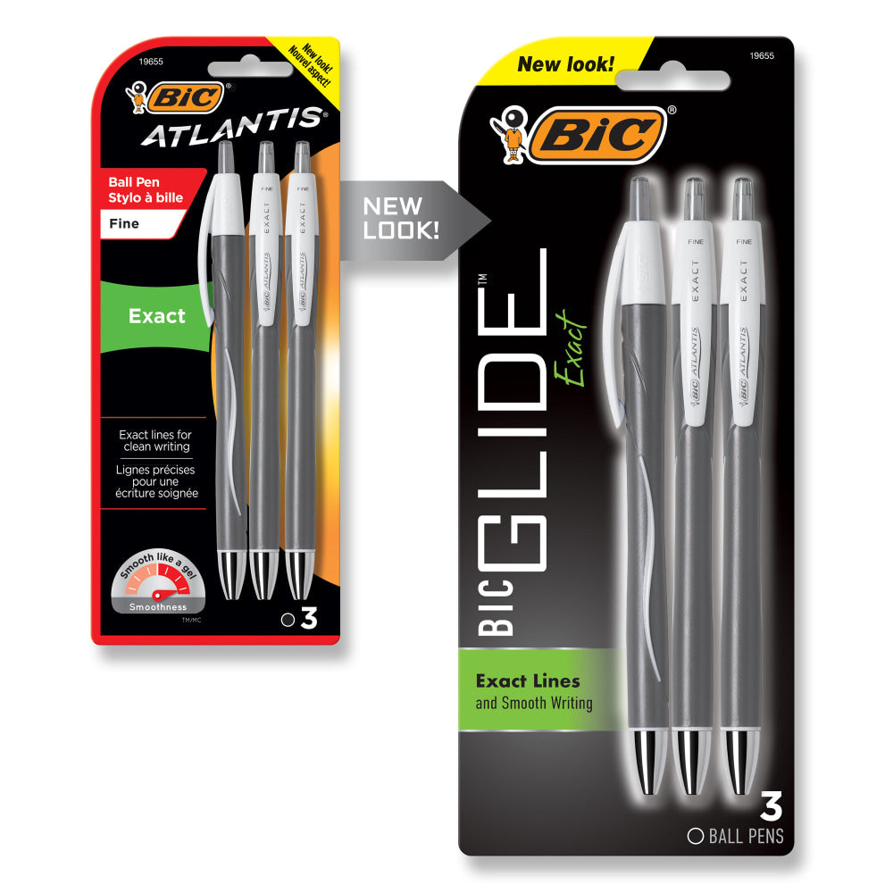 BIC Glide Exact Retractable Ballpoint Pens, Fine Point, 0.7 mm, Gray Barrel, Black Ink, Pack Of 3 Pens