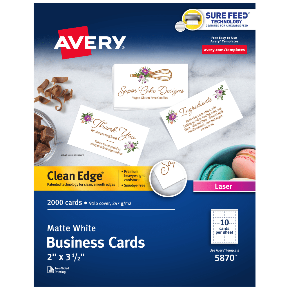 Avery Clean Edge Printable Business Cards With Sure Feed Technology for Laser Printers, 2in x 3.5in, White, 2,000 Blank Cards