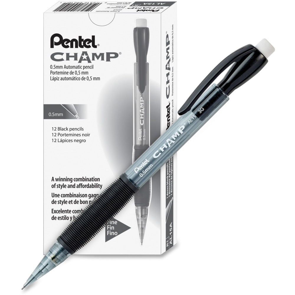 Pentel Champ Mechanical Pencils, #2 Lead, Fine Point, 0.5 mm, Black Barrel, Pack Of 12