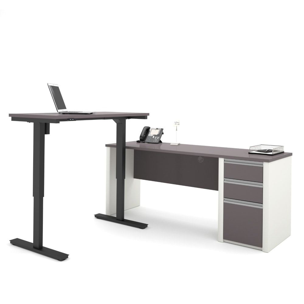 Bestar Connexion 72inW L-Shaped Standing Corner Desk With Pedestal, Slate/Sandstone