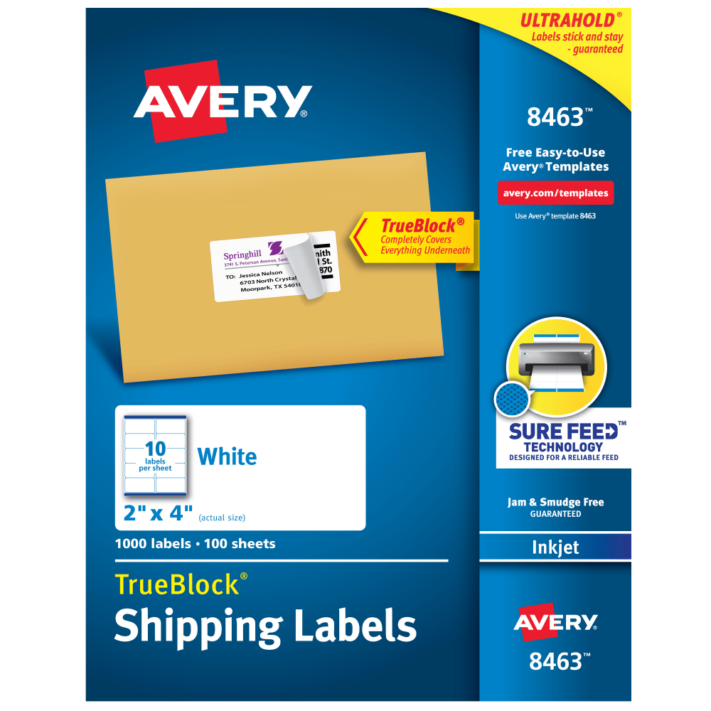 Avery TrueBlock Shipping Labels With Sure Feed Technology, 8463, Rectangle, 2in x 4in, White, Pack Of 1,000