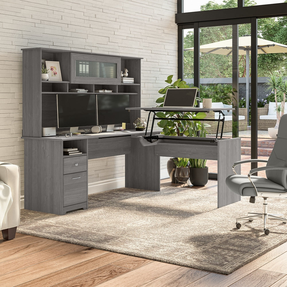 Bush Furniture Cabot 72inW 3-Position Sit-To-Stand Height-Adjustable L-Shaped Desk With Hutch, Modern Gray, Standard Delivery