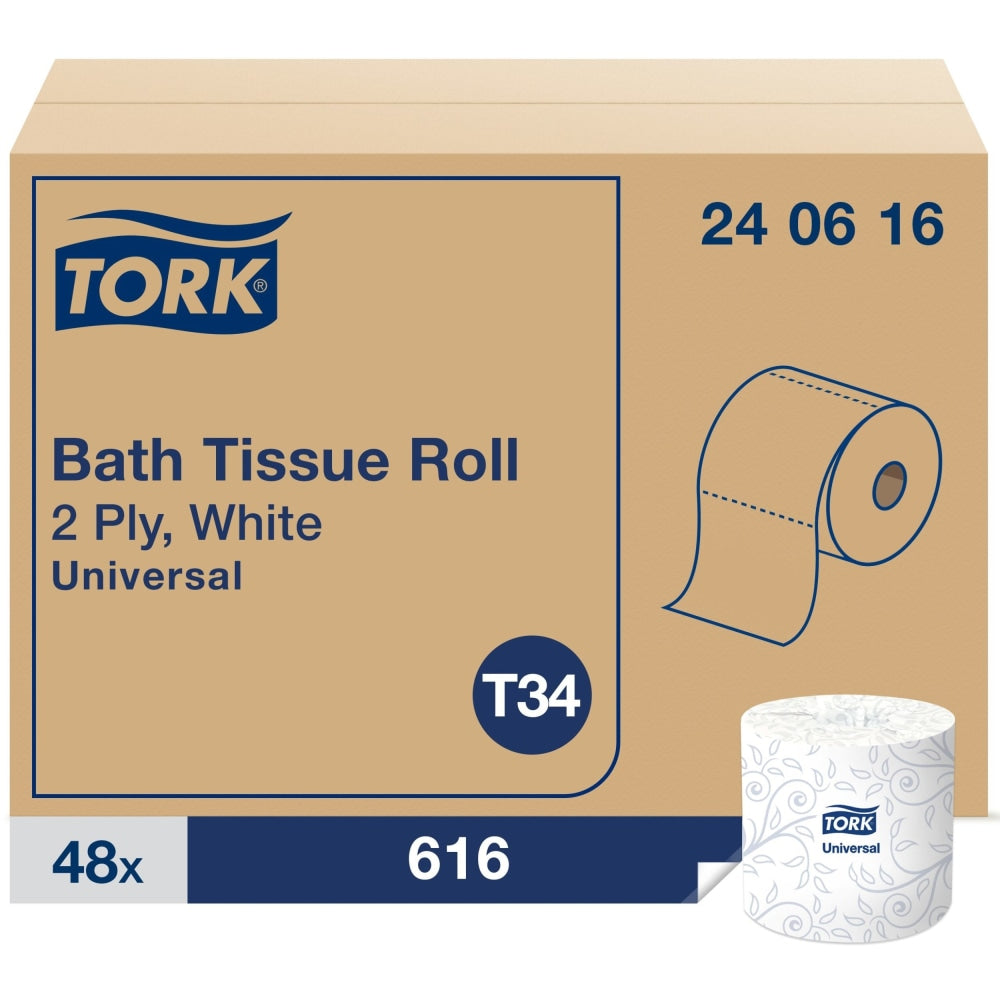 Tork Universal Bath Tissue Roll - 2 Ply - 3.75in x 205.33 ft - 616 Sheets/Roll - 5in Roll Diameter - White - Fiber - Embossed, Soft, Absorbent - For Bathroom, Plumbing - 616 / Roll