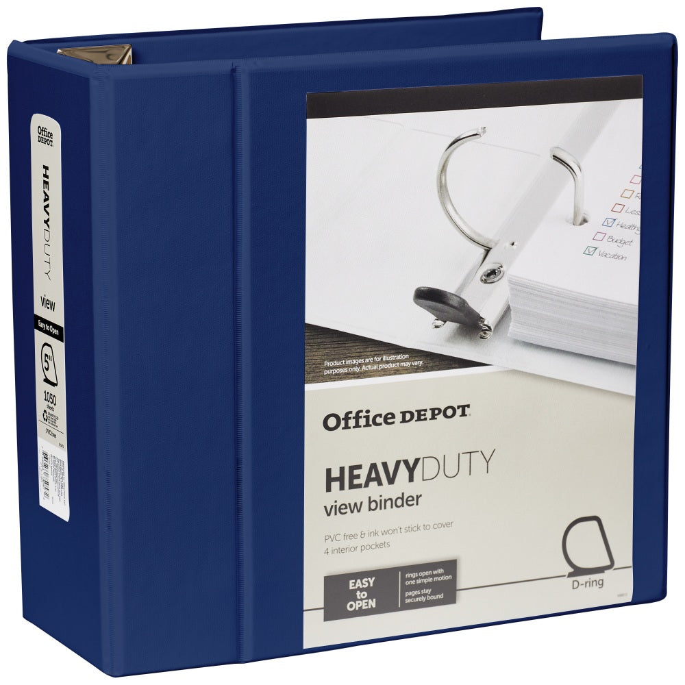 Office Depot Brand Heavy-Duty View 3-Ring Binder, 5in D-Rings, Navy