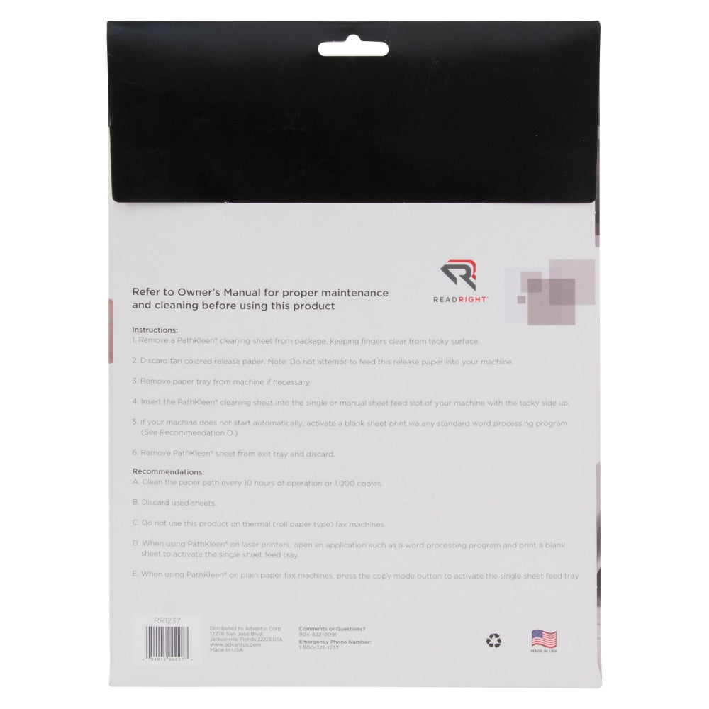 Advantus Pathkleen Laser Printer Cleaning Sheets, Pack Of 10