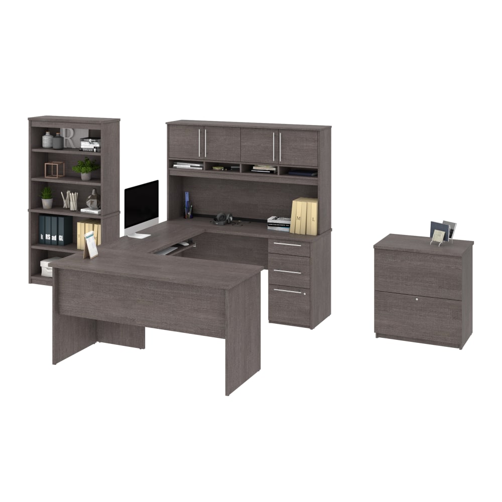 Bestar Innova U- or L-Shaped Desk With Hutch, Lateral File Cabinet and Bookcase, Bark Gray