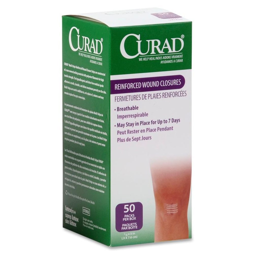 CURAD Sterile Medi-Strips Reinforced Wound Closures, 1/8in x 3in, White, Box Of 50