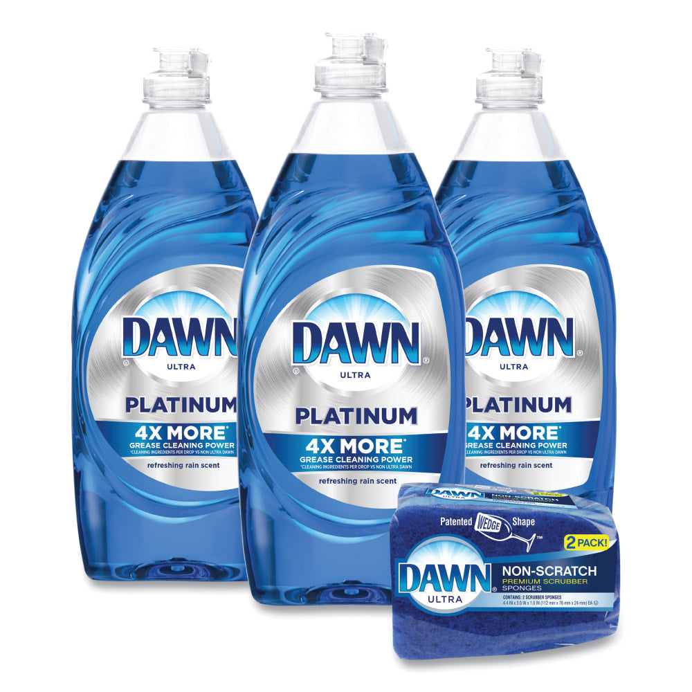 Dawn Platinum Liquid Dish Detergent, Refreshing Rain Scent, 24 Oz, Carton Of 3 Bottles/2 Sponges