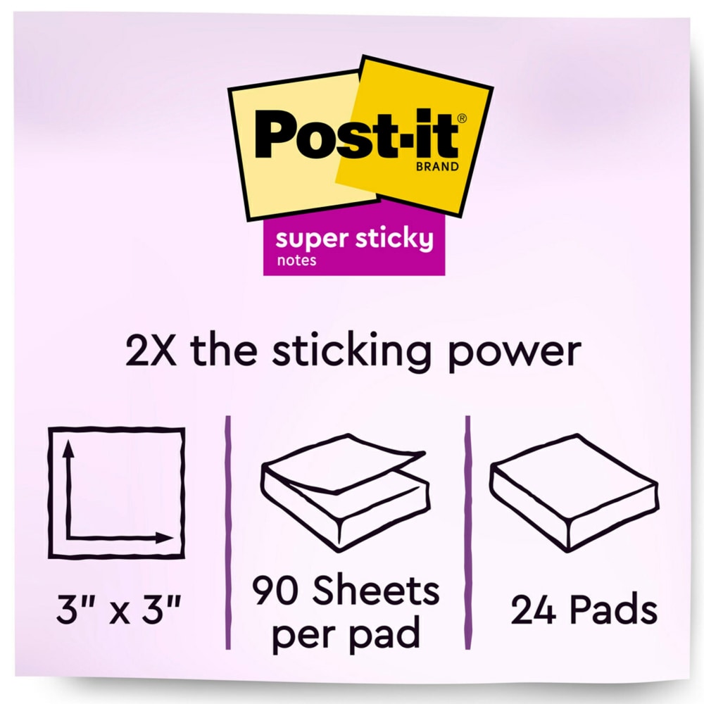 Post-it Super Sticky Notes, 3 in x 3 in, 24 Pads, 90 Sheets/Pad, 2x the Sticking Power, Canary Yellow