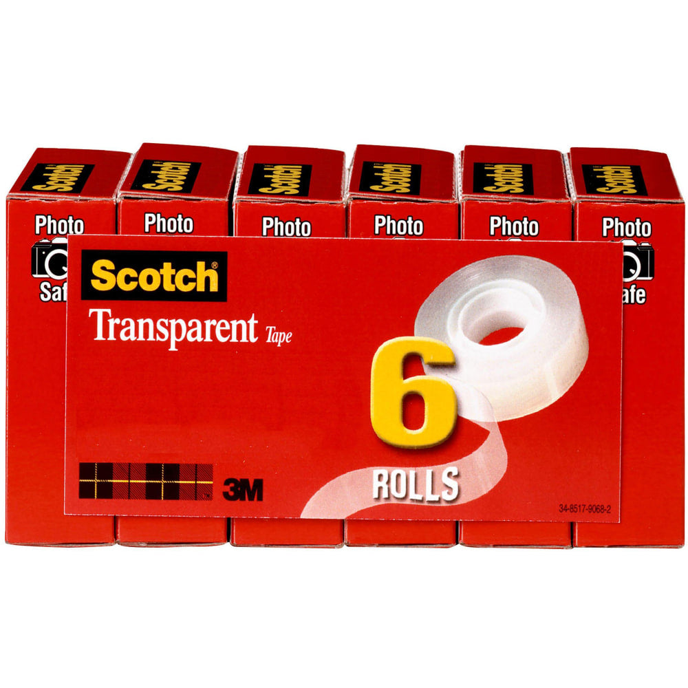 Scotch Transparent Tape, 3/4 in x 1296 in, 6 Tape Rolls, Clear, Home Office and School Supplies