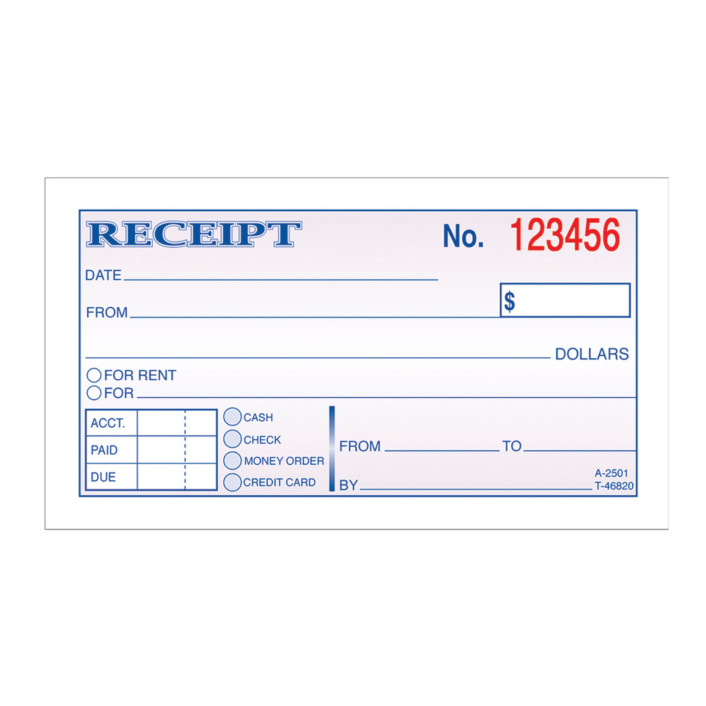 Adams Money/Rent Receipt Book, 5 3/8in x 2 3/4in, 2-Part, Carbonless, 50 Set Book