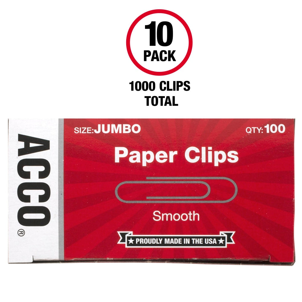 ACCO Economy Smooth Paper Clips, 1000 Total, Jumbo, Silver, 100 Per Box, Pack Of 10 Boxes