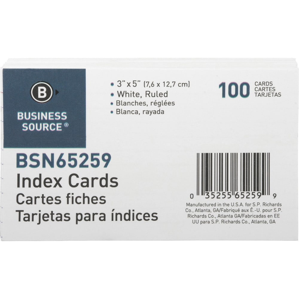 Business Source Ruled White Index Cards - Front Ruling Surface - Ruled - 72 lb Basis Weight - 3in x 5in - White Paper - 1000 / Box