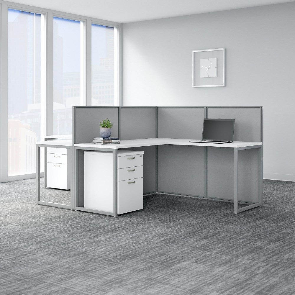 Bush Business Furniture Easy Office 60in 2-Person L-Shaped Desk With File Cabinets And 45inH Panels, Pure White/Silver Gray, Standard Delivery