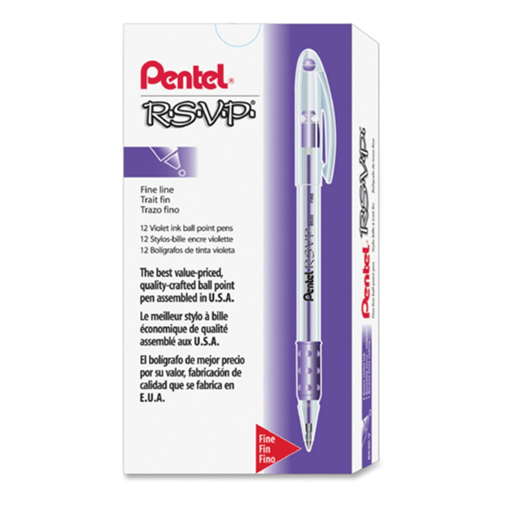 Pentel R.S.V.P. Ballpoint Stick Pens, Fine Point, 0.7 mm, Clear Barrel, Violet Ink, Pack Of 12 Pens