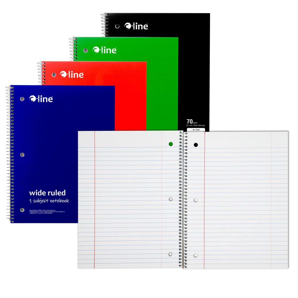 C-Line Wide Rule Spiral Notebooks, 8in x 10-1/2in, 1 Subject, 70 Sheets, Assorted Colors, Case Of 24 Notebooks