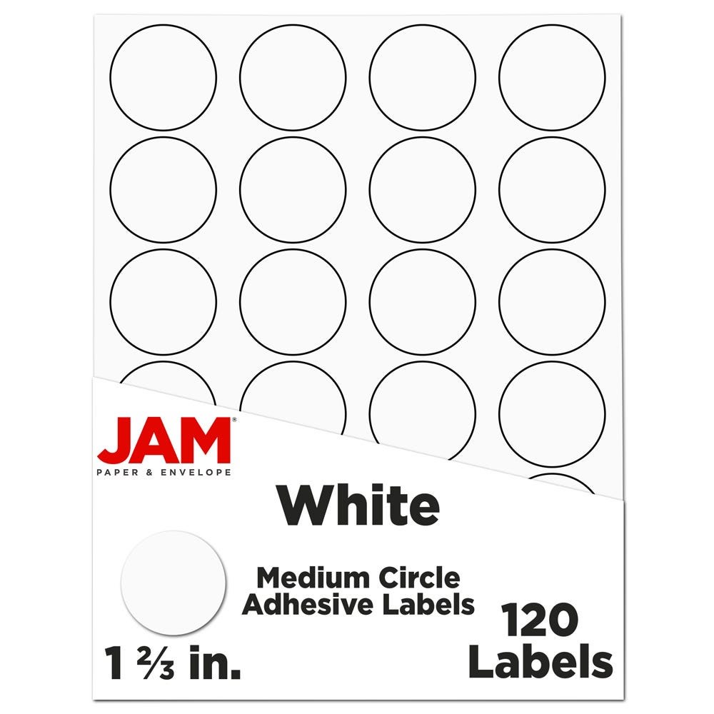 JAM Paper Circle Label Sticker Seals, 1 2/3in, White, Pack Of 120