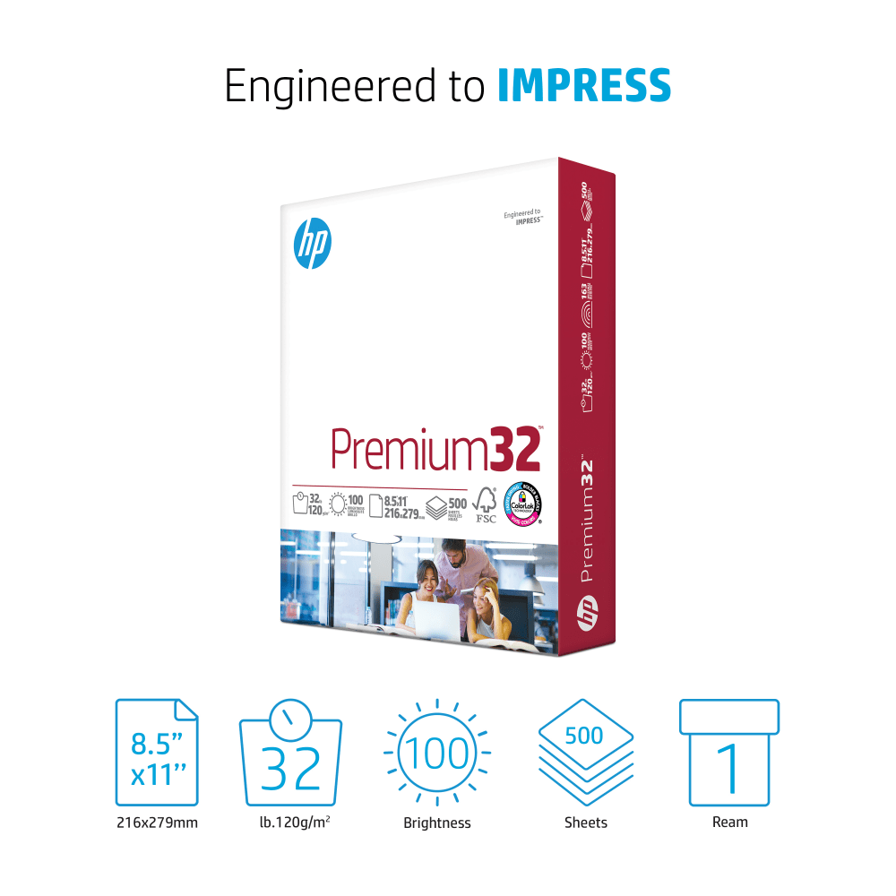 HP Premium32 Laser Paper, Smooth, White, Letter Size (8 1/2in x 11in), Ream Of 500 Sheets, 32 Lb, 100 Brightness