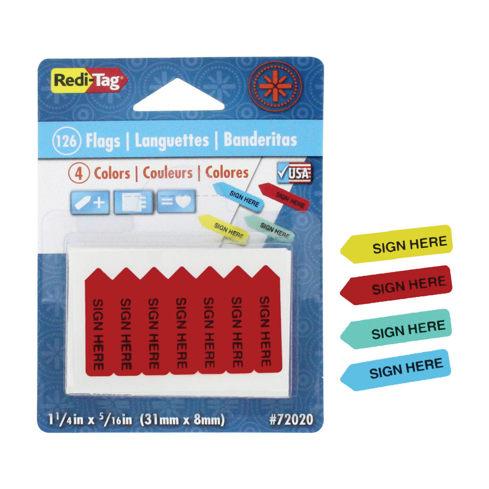 Redi-Tag Mini Arrow Page Flags, 1 1/4in x 5/16in, "Sign Here", Assorted Colors, Pack Of 124 Flags