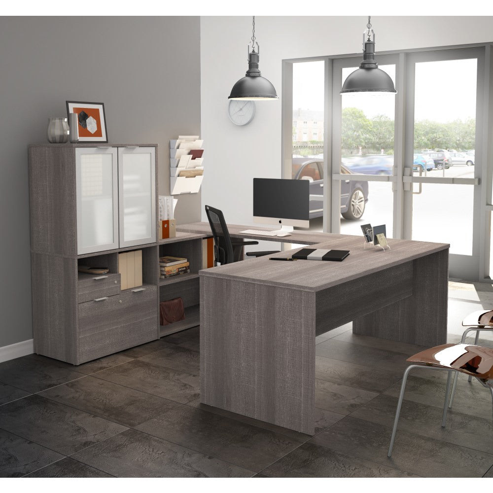 Bestar i3 Plus 72inW U-Shaped Executive Computer Desk With Frosted Glass Doors Hutch, Bark Gray