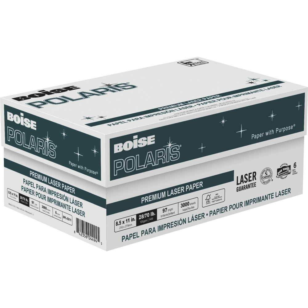 Boise POLARIS Premium Laser Paper, White, Letter Size (8 1/2in x 11in), 500 Sheets Per Ream, Case Of 6 Reams, FSC Certified, 28 Lb, 98 Brigtness