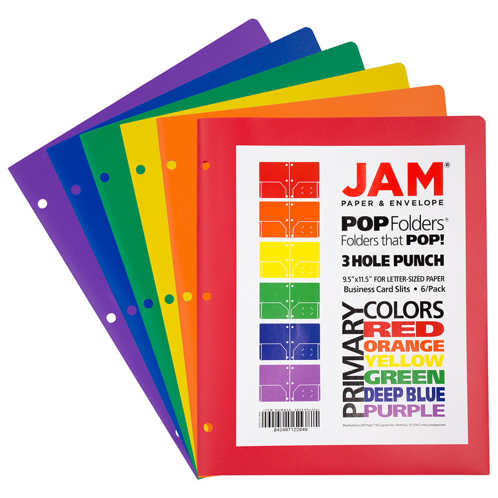 JAM Paper POP Plastic 3-Hole Punched 2-Pocket School Folders, 9-1/2in x 11-1/2in, Assorted Primary, Pack Of 6 Folders